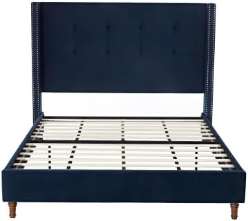 Upholstered Bed Frame, 54" Tall Headboard Wingback Upholstered Platform Bed Frame for Kids Teens Adults Bedroom Strong Wood Slats Support/No Box Spring Needed (Blue, Queen)