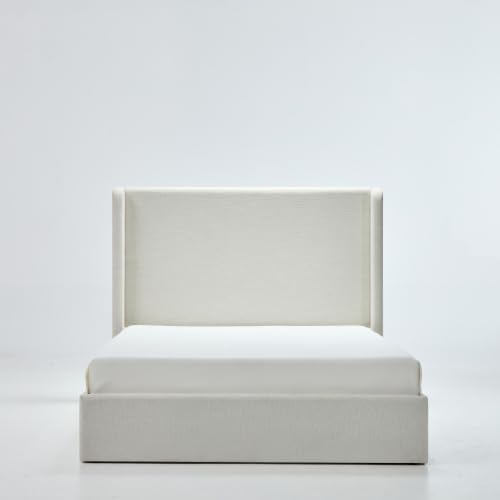 King Size Upholstered Platform Bed Frame, Tall Headboard Carmen Wingback Beds, 52.3" High Headboard Floor Bed Frames, No Box Spring Needed No Noise, Minimalist, Textured Ivory Canvas