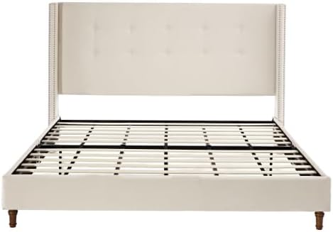 Upholstered Bed Frame, 54" Tall Headboard Wingback Upholstered Platform Bed Frame for Kids Teens Adults Bedroom Strong Wood Slats Support/No Box Spring Needed (Ivory Velvet, Queen)