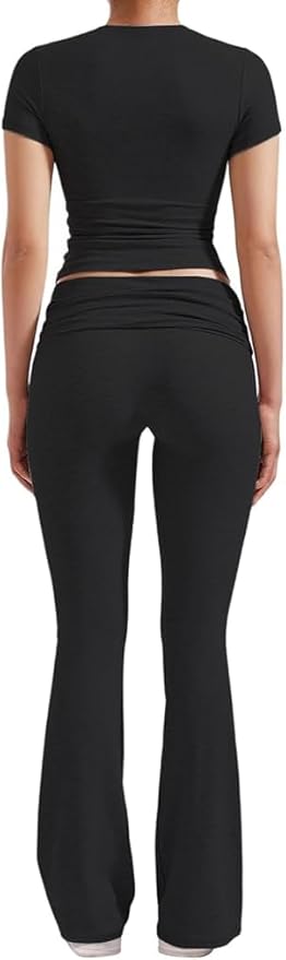 ZFLM Casual Workout Two Piece Outfits for Women Short Sleeve Crop High Waist Foldover Flare Pants Tracksuit Sets Streetwear