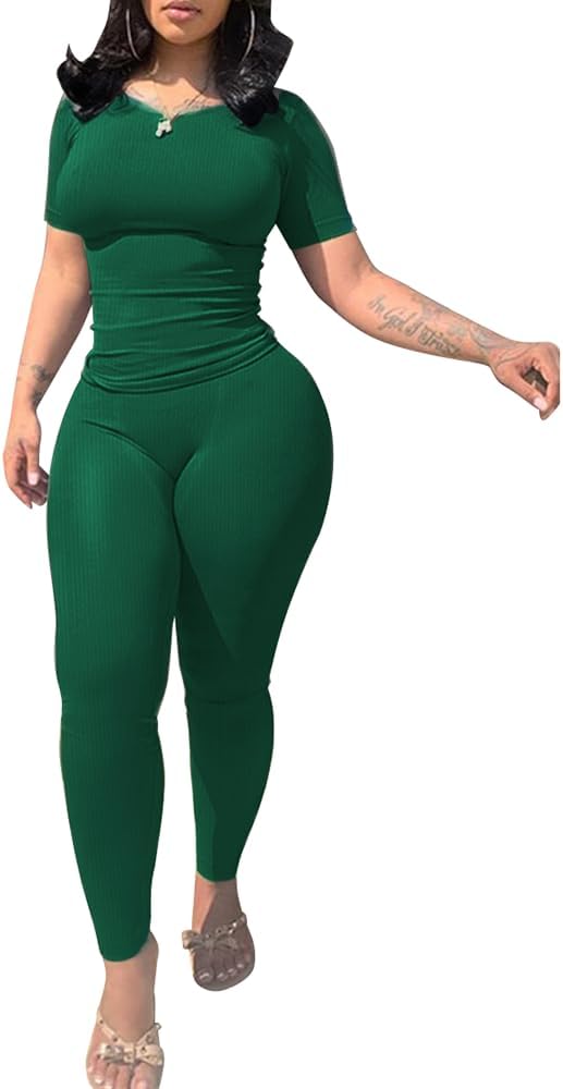 PINSV 2 Piece Sets for Women Summer Casual Jogger Workout Outfits Fitted Crew Neck T-shirt High Waist Legging Sets