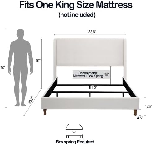 Upholstered Bed Frame King Size, 54" Tall Headboard Wingback Platform Bed Frame for Teens Adults Bedroom Without Wooden Slatst/Box Spring Request/Easy Assembly, Textured Ivory Canvas