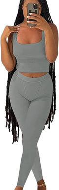 LICOBOD Casual Workout Sets 2 Piece Outfits for Women Ribbed Crop Tank Top High Waist Yoga Leggings Lounge Wear Tracksuit