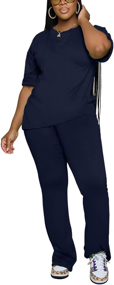 PINSV Women 2 Piece Outfits Short Sleeve Top and Flare Pants Lounge Sets Tracksuit