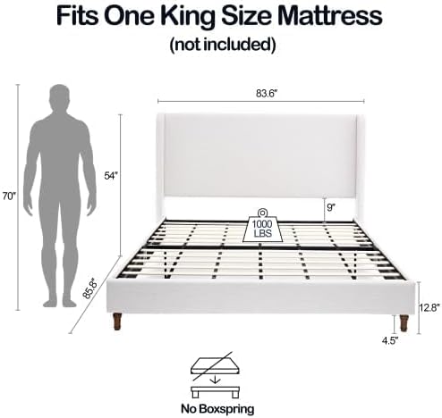 Upholstered Bed Frame King Size, 54" Tall Headboard Wingback Upholstered Platform Bed Frame for Teens Adults Bedroom Strong Wood Slats Support/No Box Spring Needed/Easy Assembly Ivory Chenille