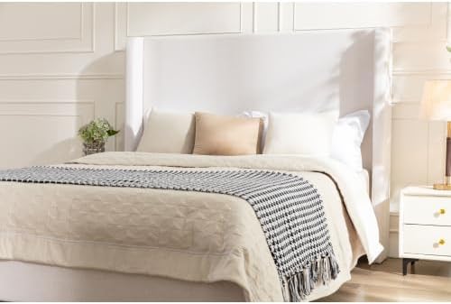 Upholstered Bed Frame King Size, 54" Tall Headboard Wingback Platform Bed Frame for Teens Adults Bedroom Without Wooden Slatst/Box Spring Request/Easy Assembly, Textured Ivory Canvas