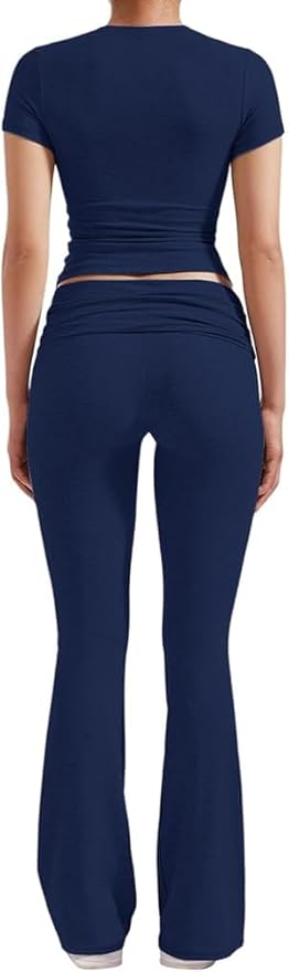ZFLM Casual Workout Two Piece Outfits for Women Short Sleeve Crop High Waist Foldover Flare Pants Tracksuit Sets Streetwear