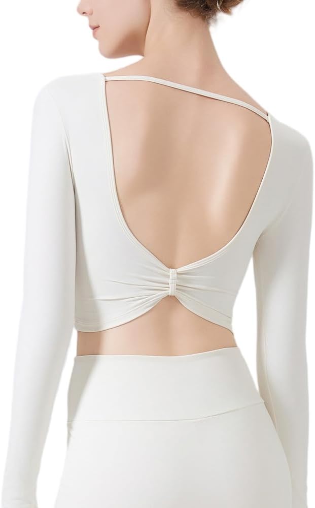 Harssidanzar Women's Backless Yoga Tops 2 in 1 Long Sleeve with Sports Bra for Gym Athletic CL313US