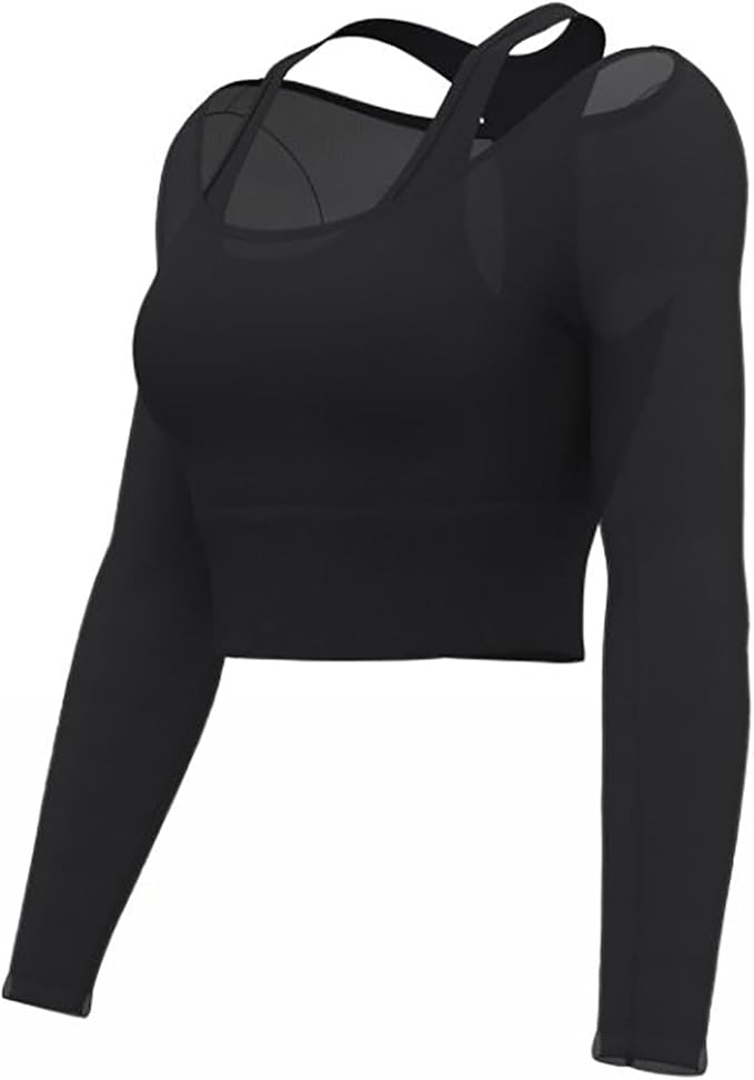 Women's 2 in 1 Yoga Long Sleeve Mesh Gym Athletic Tops Stretch Workout Pilates Shirts with Comfortable Sports Bra