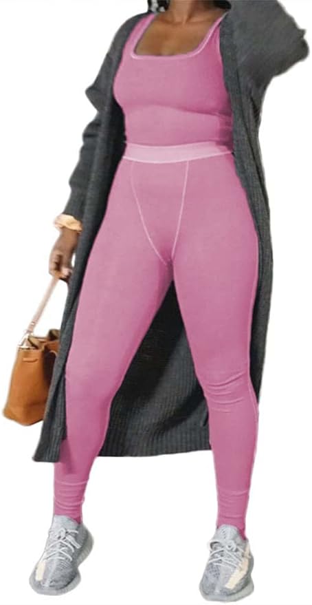 LICOBOD Casual Workout Sets 2 Piece Outfits for Women Ribbed Crop Tank Top High Waist Yoga Leggings Lounge Wear Tracksuit