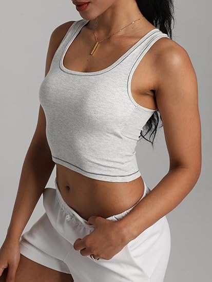 Danysu Women Rib Tank Top Padded Workout Top Square Neck Crop Tank Fitted Basic Cami Tops