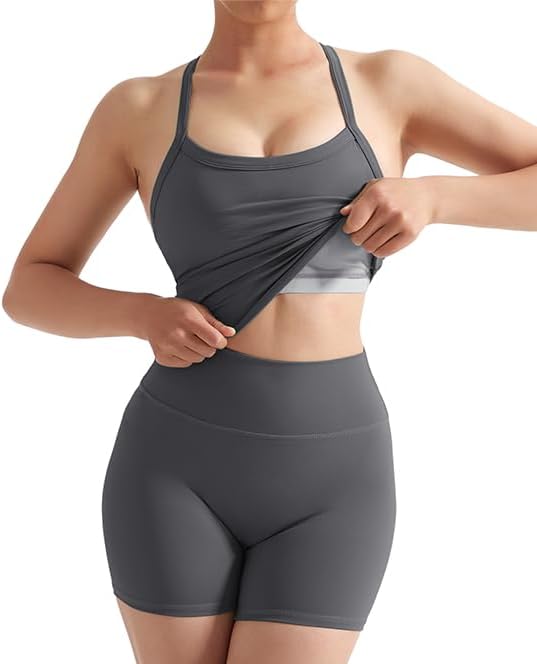 SUUKSESS Women 2 Piece Workout Sets High Waisted Tummy Control Biker Shorts Halter Padded Tank Tops