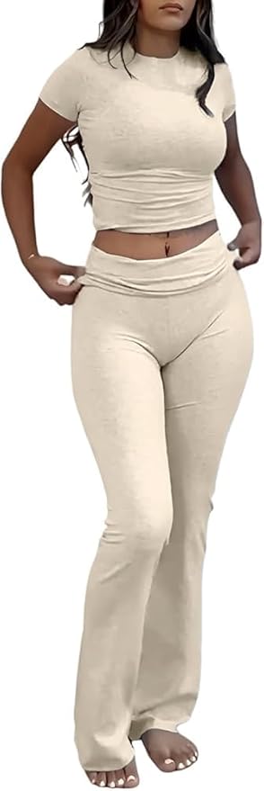ZFLM Casual Workout Two Piece Outfits for Women Short Sleeve Crop High Waist Foldover Flare Pants Tracksuit Sets Streetwear