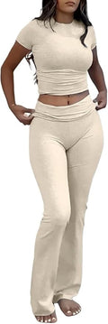 ZFLM Casual Workout Two Piece Outfits for Women Short Sleeve Crop High Waist Foldover Flare Pants Tracksuit Sets Streetwear