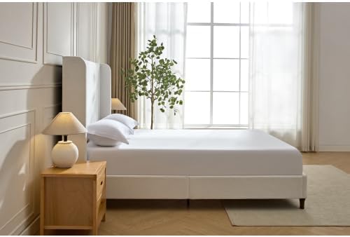 Upholstered Bed Frame King Size, 54" Tall Headboard Wingback Upholstered Platform Bed Frame for Adults Bedroom Strong Wood Slats Support/No Box Spring Needed/Easy Assembly, Cream White