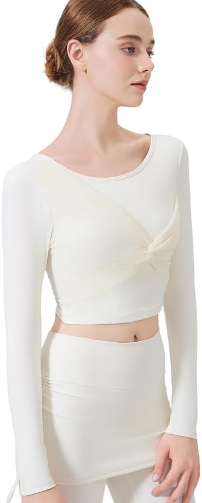 Harssidanzar Women's Backless Yoga Tops 2 in 1 Long Sleeve with Sports Bra for Gym Athletic CL313US