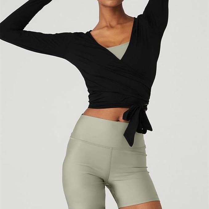 Women Wrap Top Long Sleeve Deep V Neck Cross Tie Workout Ballet Pilates Yoga Shirt
