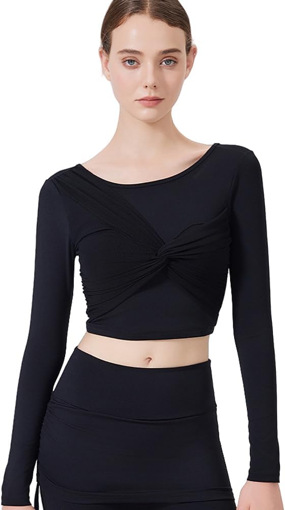 Harssidanzar Women's Backless Yoga Tops 2 in 1 Long Sleeve with Sports Bra for Gym Athletic CL313US