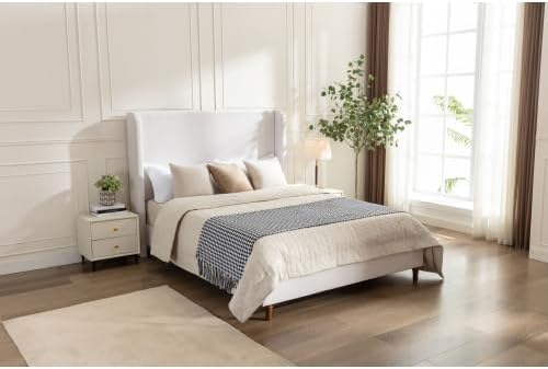 Upholstered Bed Frame Queen Size, 54" Tall Headboard Wingback Platform Bed Frame for Teens Adults Bedroom Without Wooden Slatst/Box Spring Request/Easy Assembly, Textured Ivory Canvas