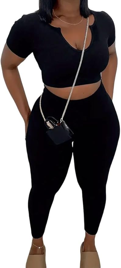 Nimsruc 2 Piece Sets For Women Sexy Casual Workout Crop Short Sleeve Long pants Leggings Sets Summer Active Wear
