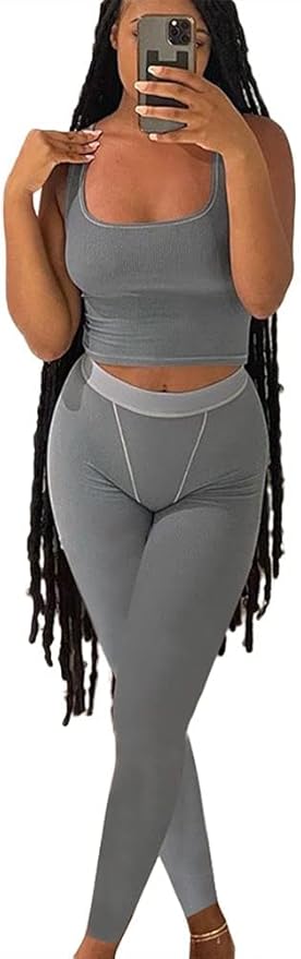 LICOBOD Casual Workout Sets 2 Piece Outfits for Women Ribbed Crop Tank Top High Waist Yoga Leggings Lounge Wear Tracksuit