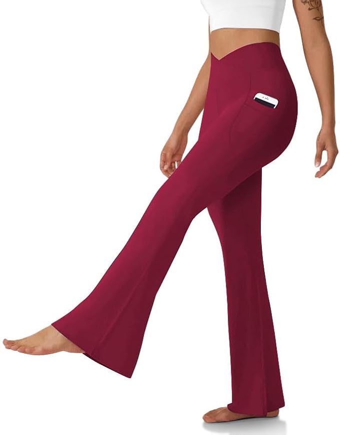 DLOODA Women's Flare Leggings with Pockets Crossover High Waisted Bootcut Yoga Pants Tummy Control Bell Bottom Leggings