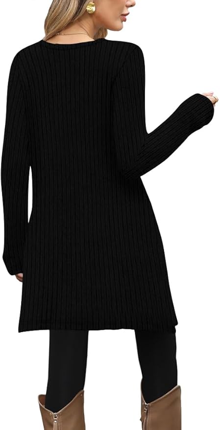 Poetsky Women Long Sleeve Tunic Tops to Wear with Leggings Side Buttons Long Shirts Rib Sweater Dress with Pockets S-3XL