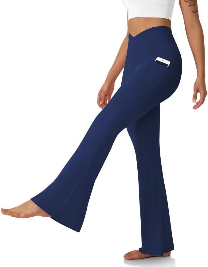 DLOODA Women's Flare Leggings with Pockets Crossover High Waisted Bootcut Yoga Pants Tummy Control Bell Bottom Leggings