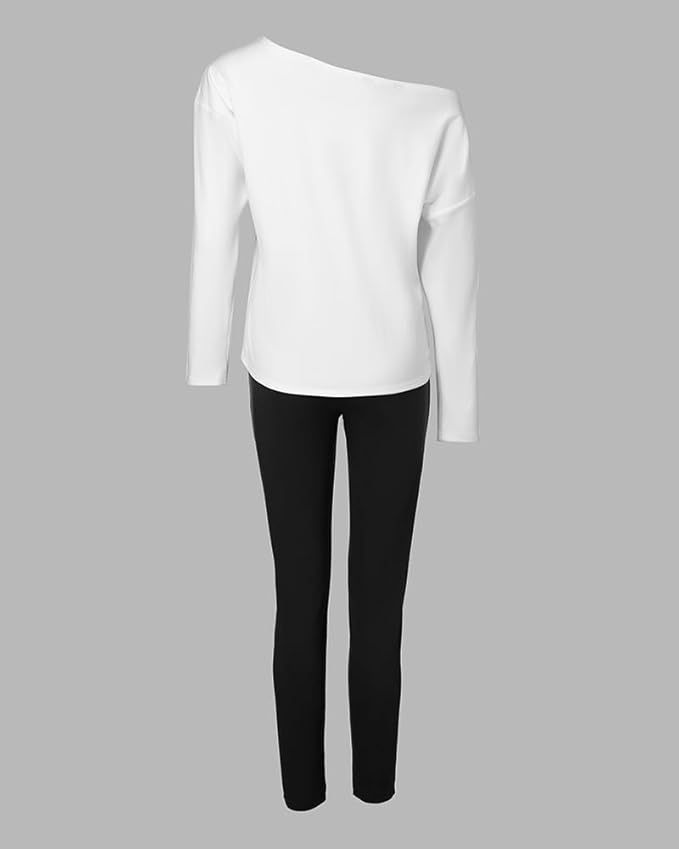 CHICME Women Tracksuit Fall 2 piece Outfits Off The Shoulder Long Sleeve Tops and Pants Set Travel Outfits