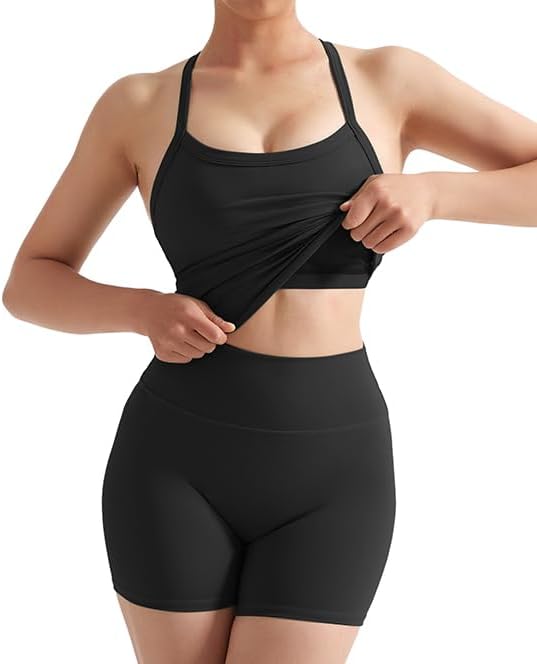 SUUKSESS Women 2 Piece Workout Sets High Waisted Tummy Control Biker Shorts Halter Padded Tank Tops