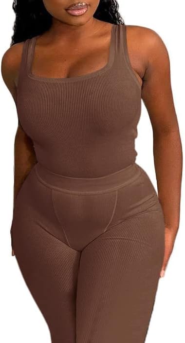 LICOBOD Casual Workout Sets 2 Piece Outfits for Women Ribbed Crop Tank Top High Waist Yoga Leggings Lounge Wear Tracksuit