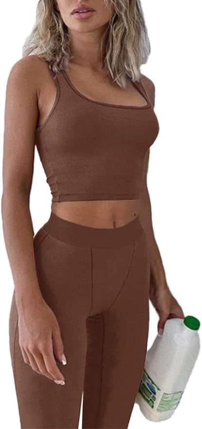 LICOBOD Casual Workout Sets 2 Piece Outfits for Women Ribbed Crop Tank Top High Waist Yoga Leggings Lounge Wear Tracksuit