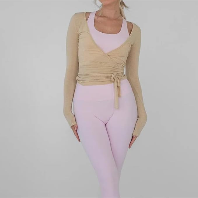 Women Wrap Top Long Sleeve Deep V Neck Cross Tie Workout Ballet Pilates Yoga Shirt