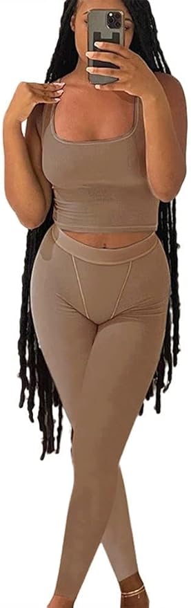LICOBOD Casual Workout Sets 2 Piece Outfits for Women Ribbed Crop Tank Top High Waist Yoga Leggings Lounge Wear Tracksuit