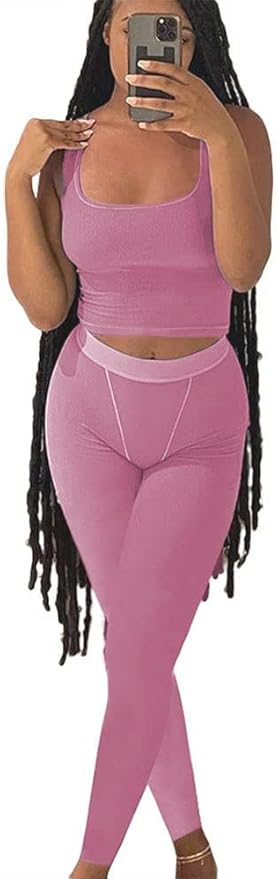 LICOBOD Casual Workout Sets 2 Piece Outfits for Women Ribbed Crop Tank Top High Waist Yoga Leggings Lounge Wear Tracksuit