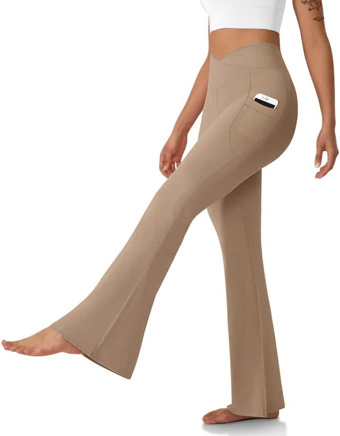 DLOODA Women's Flare Leggings with Pockets Crossover High Waisted Bootcut Yoga Pants Tummy Control Bell Bottom Leggings