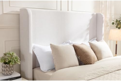 Upholstered Bed Frame Queen Size, 54" Tall Headboard Wingback Platform Bed Frame for Teens Adults Bedroom Without Wooden Slatst/Box Spring Request/Easy Assembly, Textured Ivory Canvas