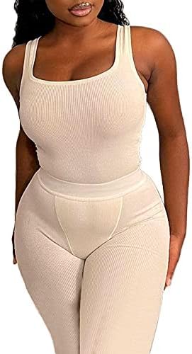 LICOBOD Casual Workout Sets 2 Piece Outfits for Women Ribbed Crop Tank Top High Waist Yoga Leggings Lounge Wear Tracksuit