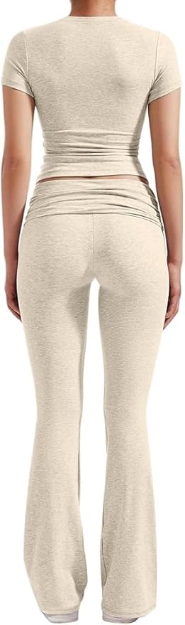 ZFLM Casual Workout Two Piece Outfits for Women Short Sleeve Crop High Waist Foldover Flare Pants Tracksuit Sets Streetwear