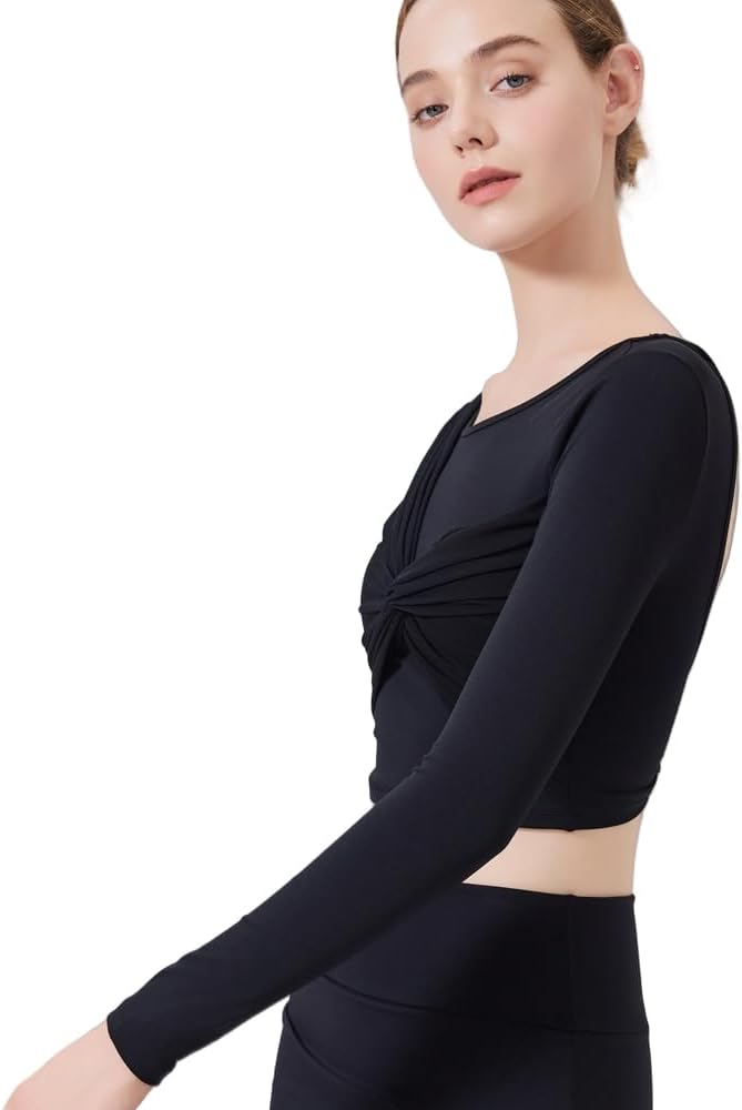 Harssidanzar Women's Backless Yoga Tops 2 in 1 Long Sleeve with Sports Bra for Gym Athletic CL313US