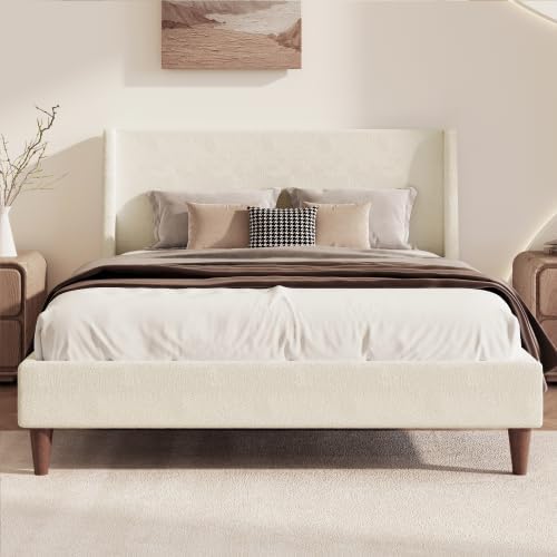 Upholstered Bed Frame Queen Size, 43" Tall Headboard Wingback Upholstered Platform Beds Bedframe for Kids Teens Adults Bedroom Strong Wood Slats Support No Box Spring Needed, Ivory Boucle