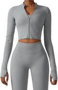 Yknktstc Womens Full Zip Athletic Jacket with Thumbhole Long Sleeve Crop Top Running Workout Yoga Sportswear Shirt