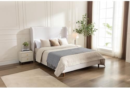 Upholstered Bed Frame King Size, 54" Tall Headboard Wingback Upholstered Platform Bed Frame for Teens Adults Bedroom Strong Wood Slats Support/No Box Spring Needed/Easy Assembly Ivory Chenille