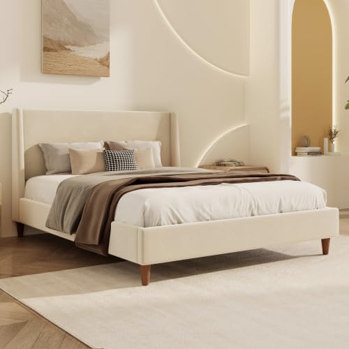 Queen Size Upholstered Platform Bed Frame, Modern Wingback Beds with Tall Headboard, Upholstered Bed Frames with Walnut Wooden Legs, No Box Spring Needed/Easy Assembly, Beige Velvet