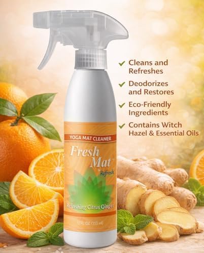 Fresh Mat Yoga Mat Cleaner Spray - Natural Deodorizing Cleaner for Yoga Mats & Fitness Equipment - No-Rinse, Residue-Free Formula with Witch Hazel & Essential Oil, Refreshing Citrus Ginger (24 fl oz).