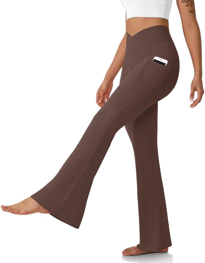 DLOODA Women's Flare Leggings with Pockets Crossover High Waisted Bootcut Yoga Pants Tummy Control Bell Bottom Leggings