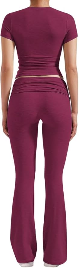 YETOWA Women's 2 Piece Lounge Outfits Slim Short Sleeve Tops Low Rise Flare Leggings Sets Yoga Sweatsuit