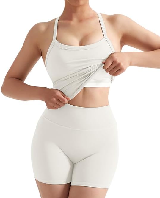 SUUKSESS Women 2 Piece Workout Sets High Waisted Tummy Control Biker Shorts Halter Padded Tank Tops