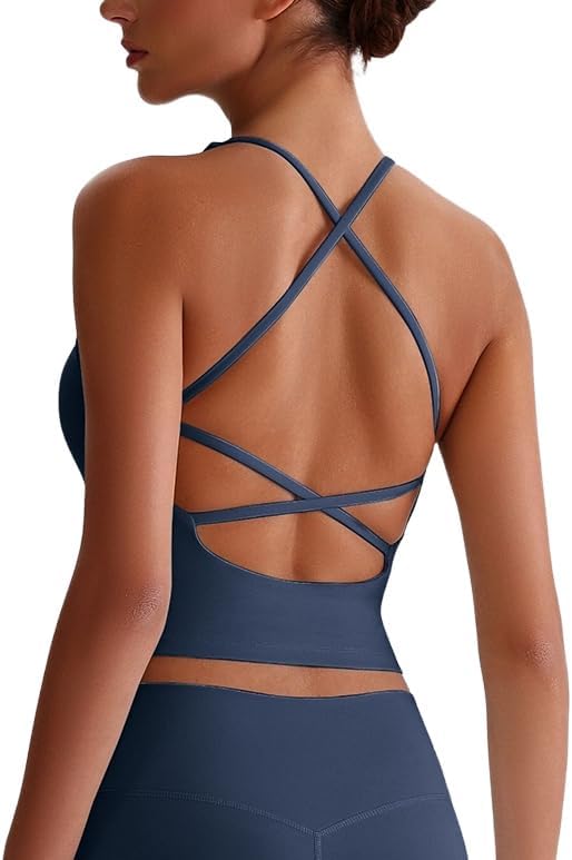 ABOCIW Womens Cross Back Workout Crop Tank with Built in Bra V Neck Longline Sports Bra Gym Shirt Yoga Pilates Top