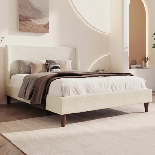 Upholstered Bed Frame Queen Size, 43" Tall Headboard Wingback Upholstered Platform Beds Bedframe for Kids Teens Adults Bedroom Strong Wood Slats Support No Box Spring Needed, Ivory Boucle